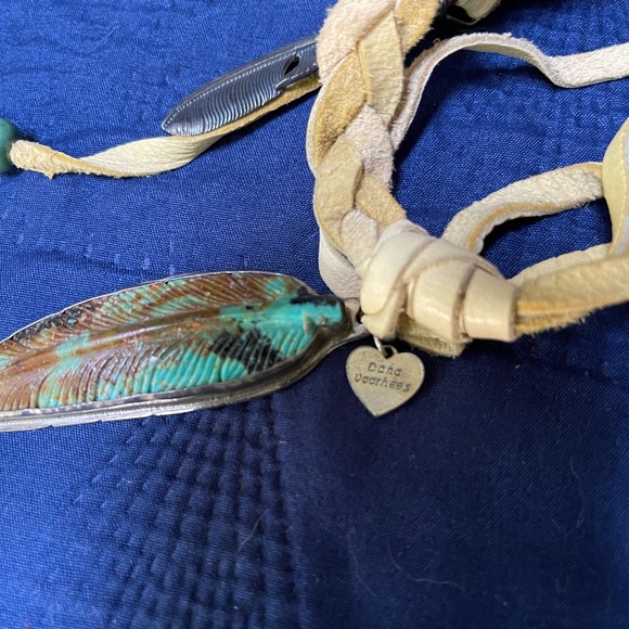 Braided Suede Belt with Feather Charms and Beads - Sterling and Turquoise - Picture 2 of 4